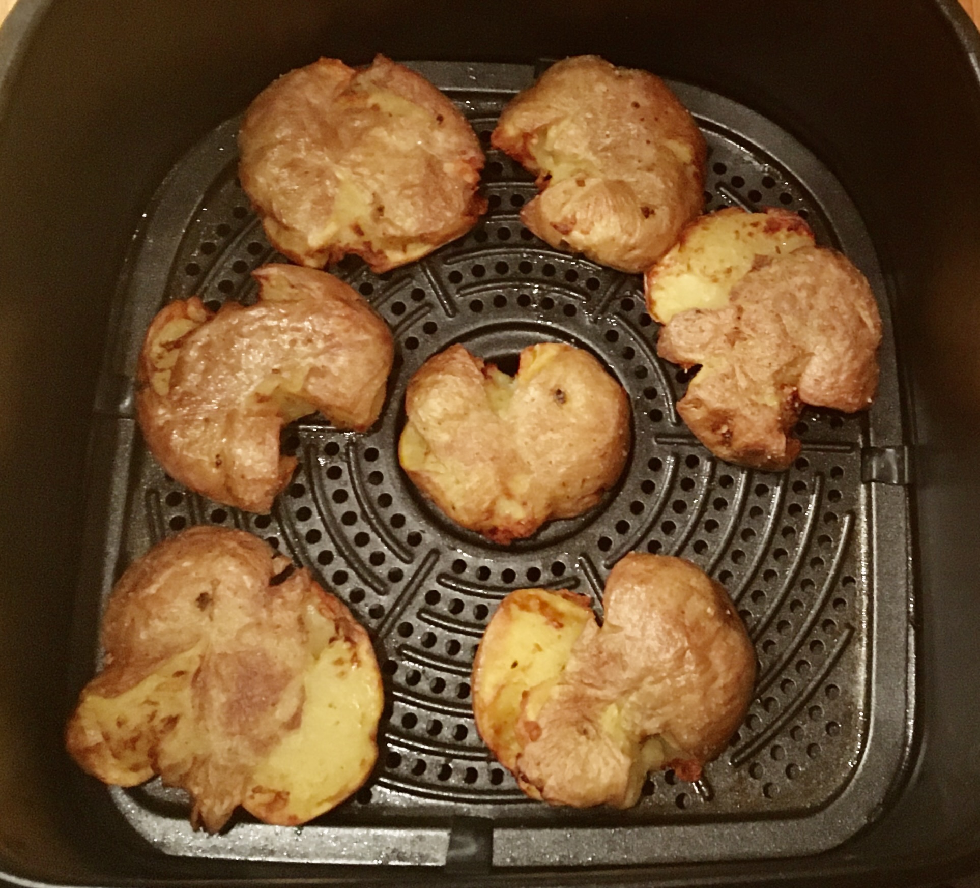 Yukon golds, 5 min. nuke, cookshare recipe and 400º for 15 min.